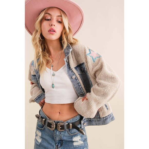 Teddy Denim Contrast Yee Haw Sequin Star Jacket - Picture 3 of 16
